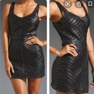 Parker leather stripe mesh sheath dress